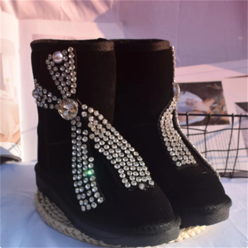 Black rhinestone Pearl Jewel accessories Fur One Party Snow boots handmade custom women's thickened casual women's boots 35-40