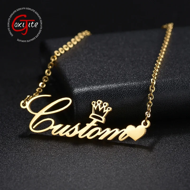 Goxijite Customized Name With Heart Crown Necklace For Women Girls Stainless Steel Personalized Nameplate Necklaces Party Gift