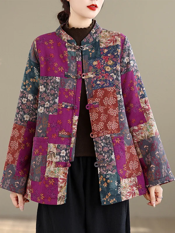 

New Chinese Sle Floral Cotton Jaet Women's Thiened Winter Coat Stand Collar Long Sve Commute Faion Outerwear