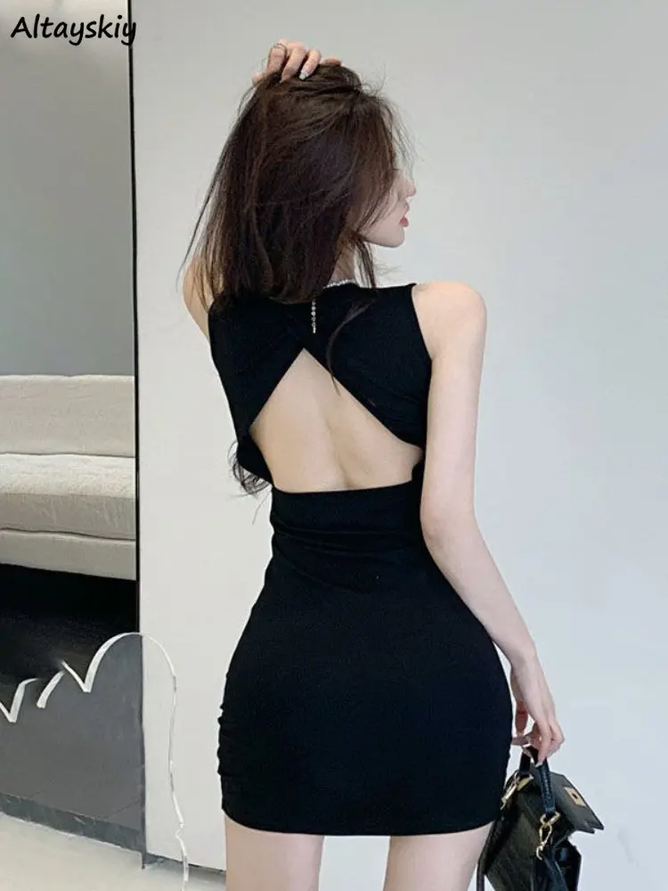 Dresses Women Backless Sexy Sleeveless Simple Summer Casual Solid Skinny Korean Style Mini Ins O-neck Fashion Hotsweet Elegant