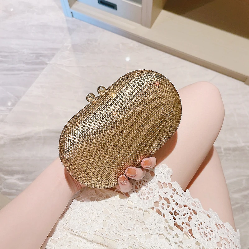 Oval Evening Bag for Women Party Clutches and Evening Bags with Crystal Rhinestone for Party Wedding Prom Dress Chain Bag