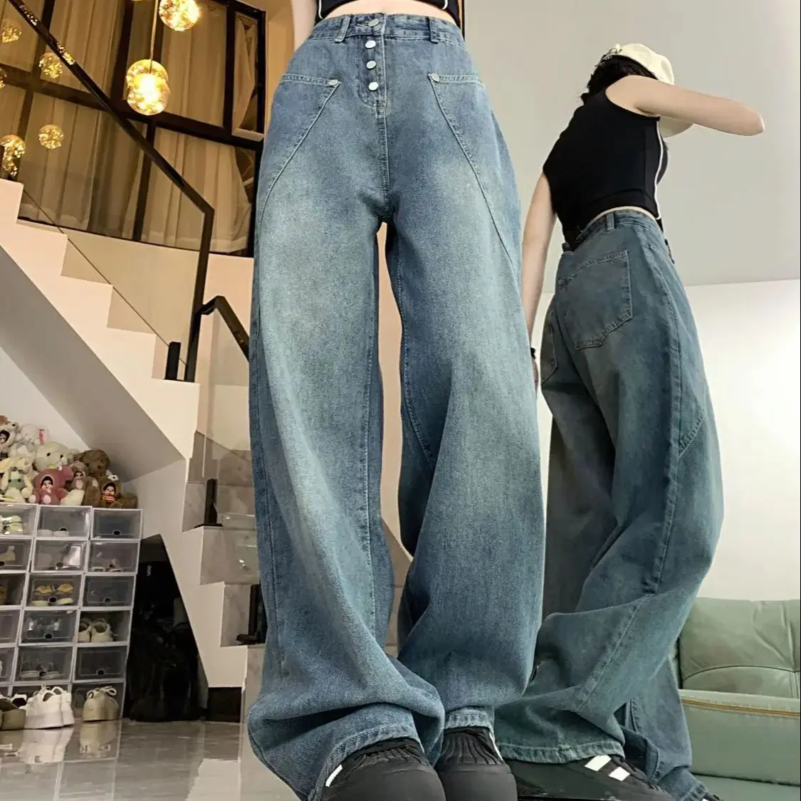

American Street Style Button Design Touch Pocket Jeans Women Spring Summer New Style Old High Waist Slim Loose Wide-Leg Pants