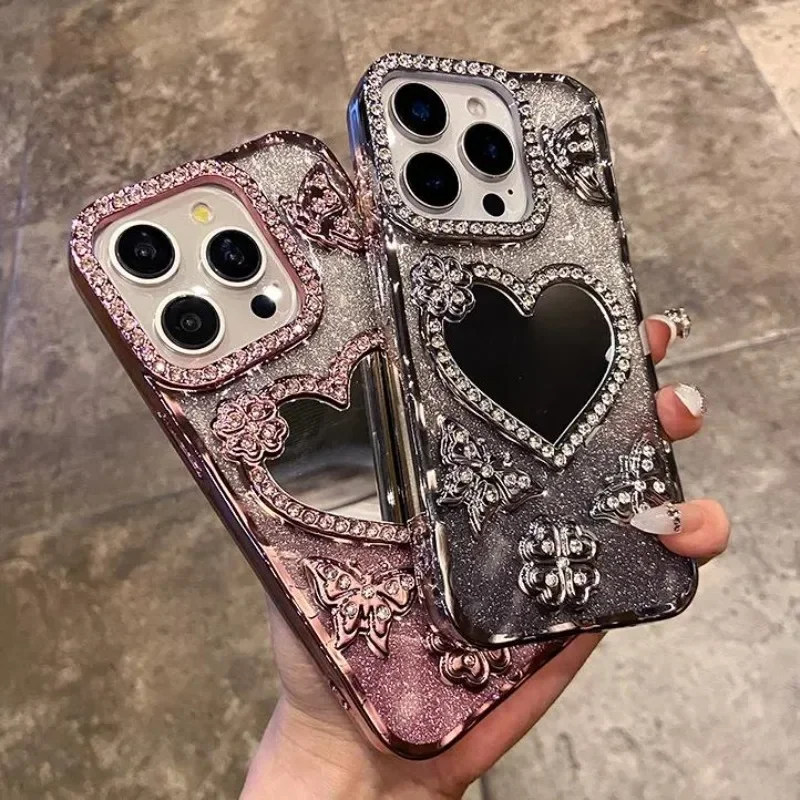 

Luxury Electroplate Butterfly Glitter Diamond Case for IPhone 17 16 15 14 13 12 Pro Max Transparent Heart Make Up Mirror 2028