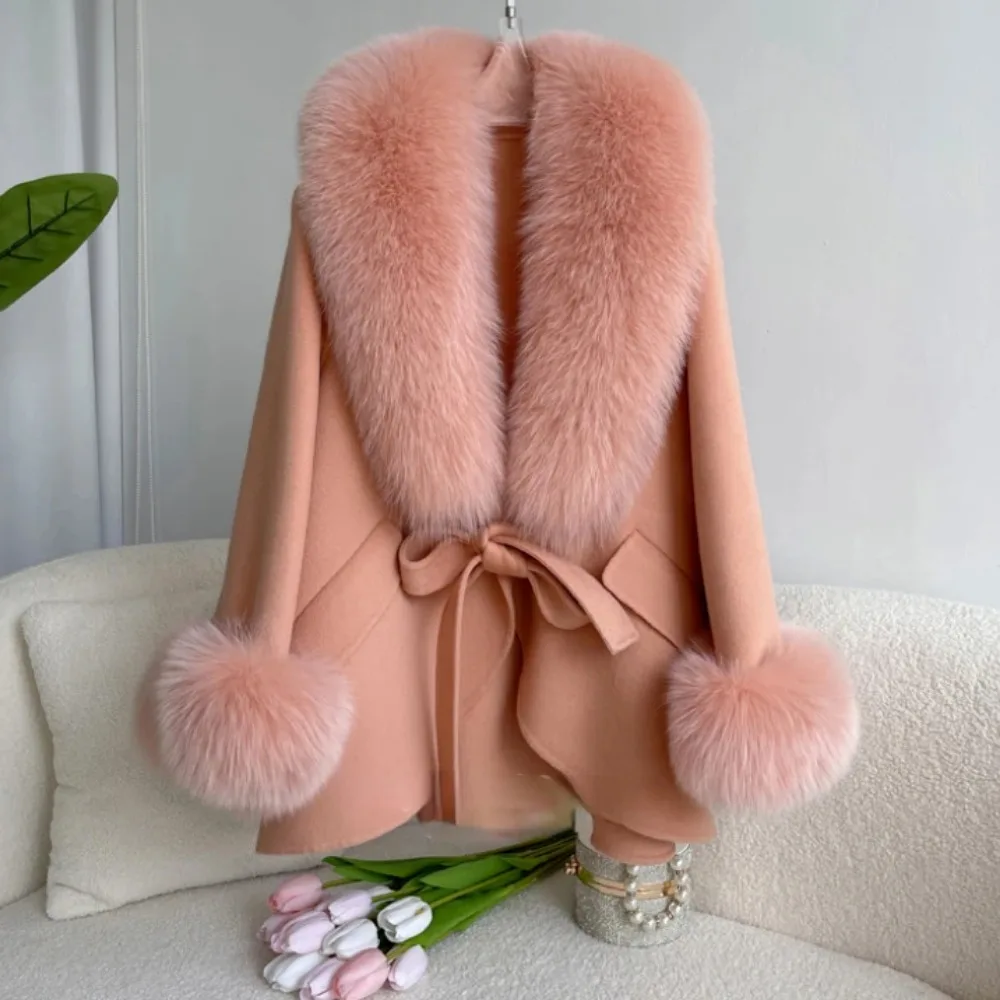 OFTBUY 2024 Fashion Winter Autumn Women Woolen Jacket Real Big Fur Detachable Collar Loose Cashmere Blends Luxury Fashion Cloak