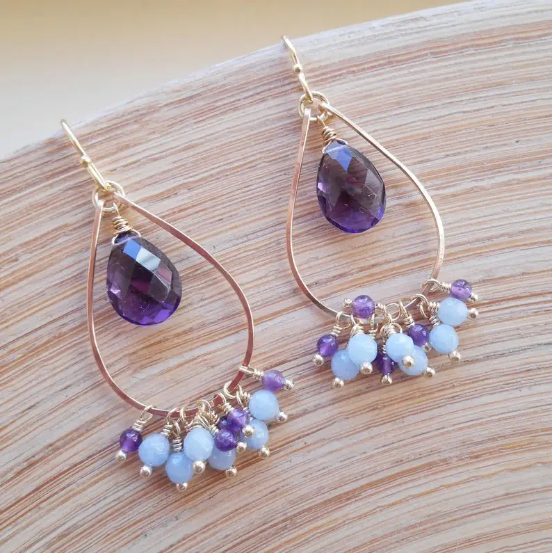 gemstone cluster beaded hoop earrings purple light baby blue dangle drop wire wrap amethyst jade gold fill February