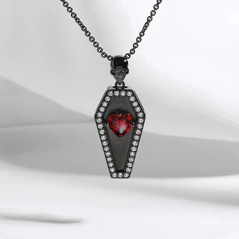 Vintage Gothic Coffin Pendant Necklace with Red Heart zirconia Skull Detail, Synthetic Stones, Copper Chain, Dark Plating - Vers