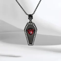 Vintage Gothic Coffin Pendant Necklace with Red Heart zirconia Skull Detail, Synthetic Stones, Copper Chain, Dark Plating - Vers