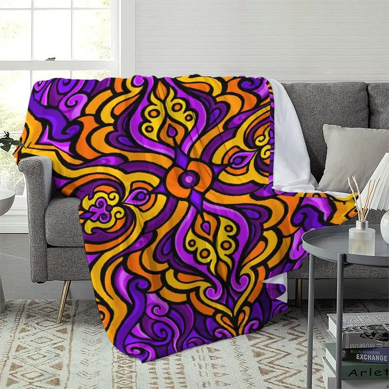 Vibrant Purple Orange Mandala Bohemian Bright Stylish Couch Bed Throw Blanket Soft Flannel Sofa Lap Cover Cozy Rest Home Decor