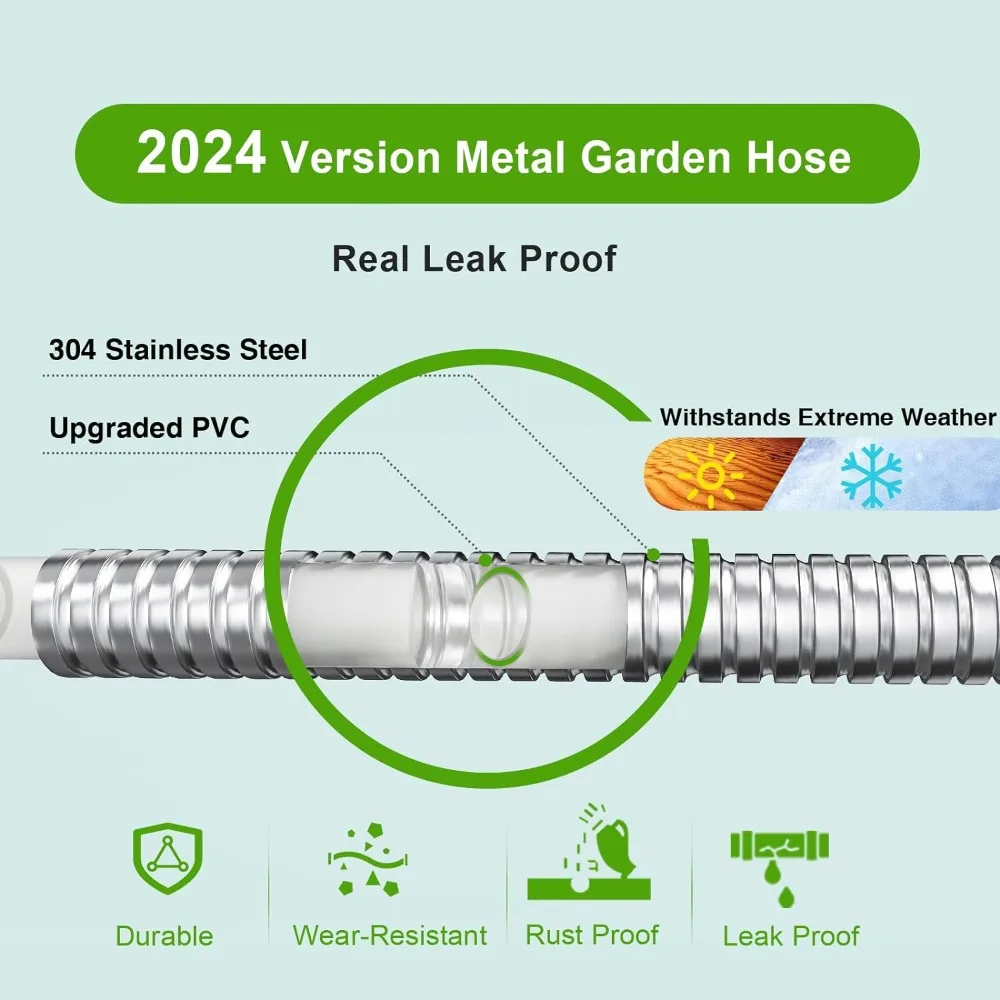 100Ft Garden Hose with 10 Function Nozzle, Puncture Resistant, Flexible, Never Kink & Tangle, Stainless Steel Garden Hose