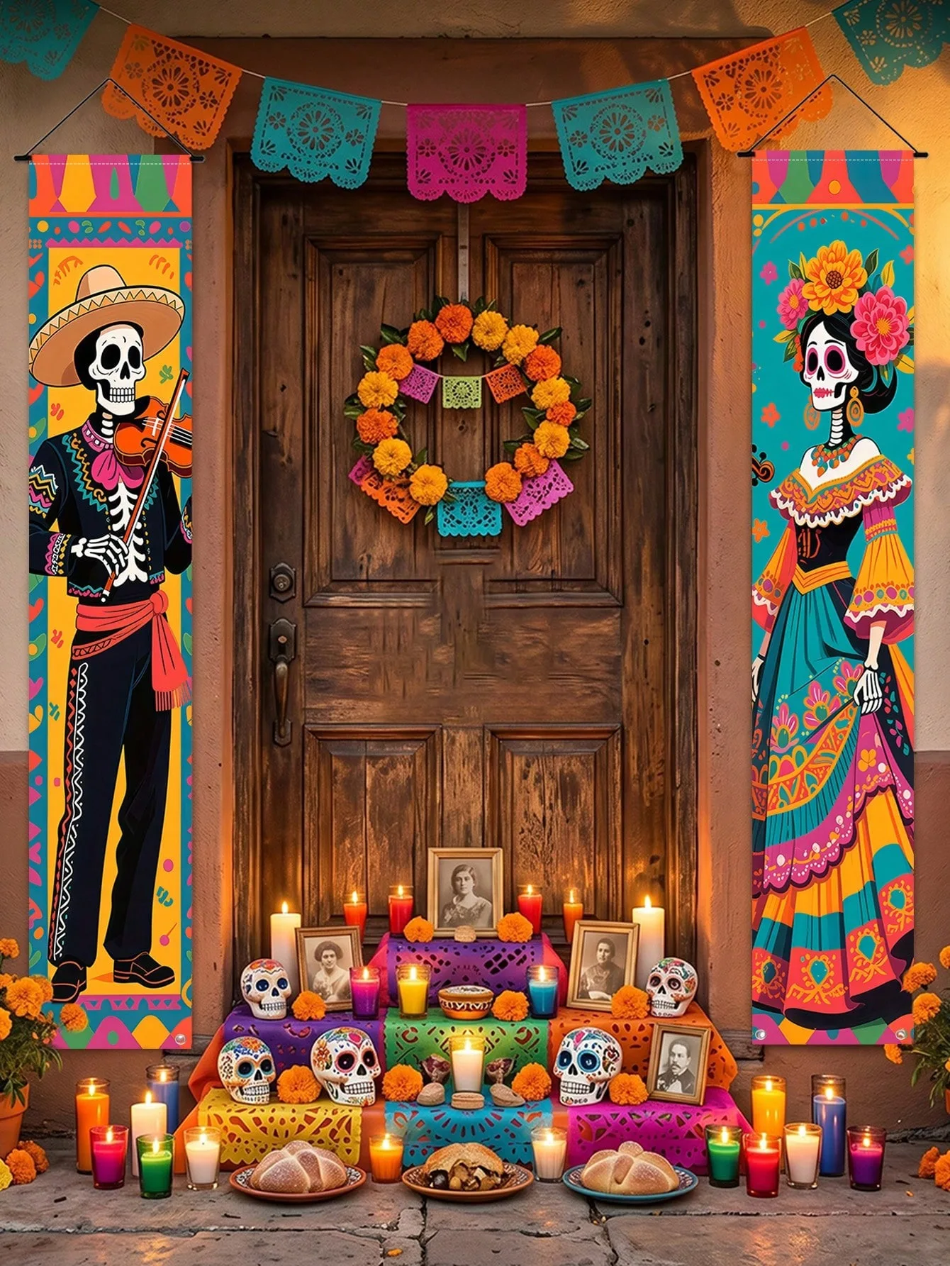 Tag der Toten Veranda-Banner-Set: Mariachi-Mann, Catrina, Zucker-Schädel Vertikale Hängeflaggen für Mexikanische Halloween-Party Frontdekoration – Detail 5