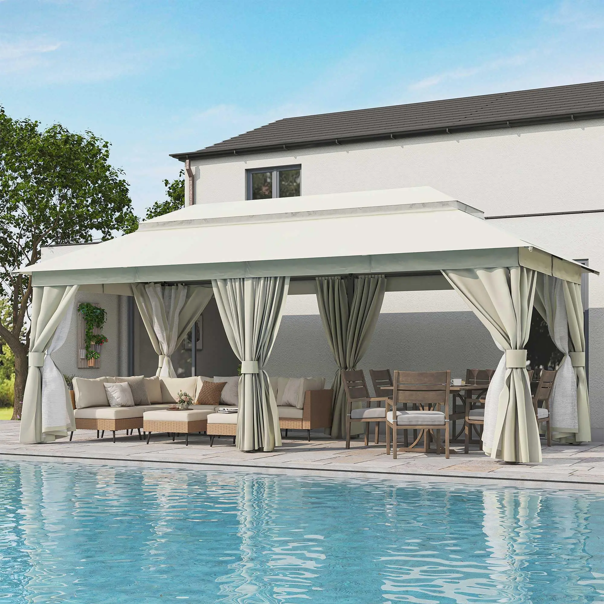 10'x20' Outdoor Gazebo, Heavy Duty Galvanized Steel Fe Patio with Double-Tier Roof, Mosquito Netting & Privacy