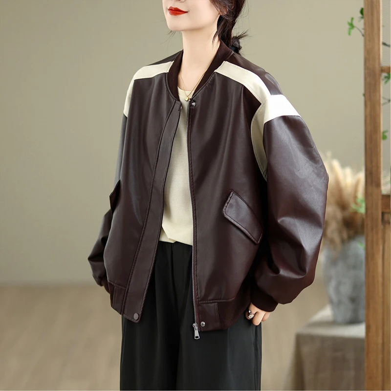 Masss Wasss 2025 otoño mujer ocio Vintage Patchwork talla grande chaquetas de piel sintética señoras cortavientos sueltos moda PU abrigos