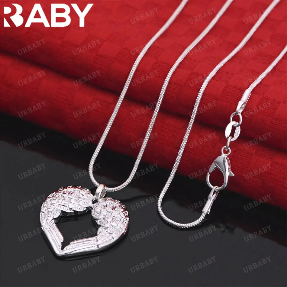 

URBABY 40-75cm 925 Sterling Silver Chain Heart Angel Wings Pendant Necklace For Women Wedding Engagement Party Jewelry