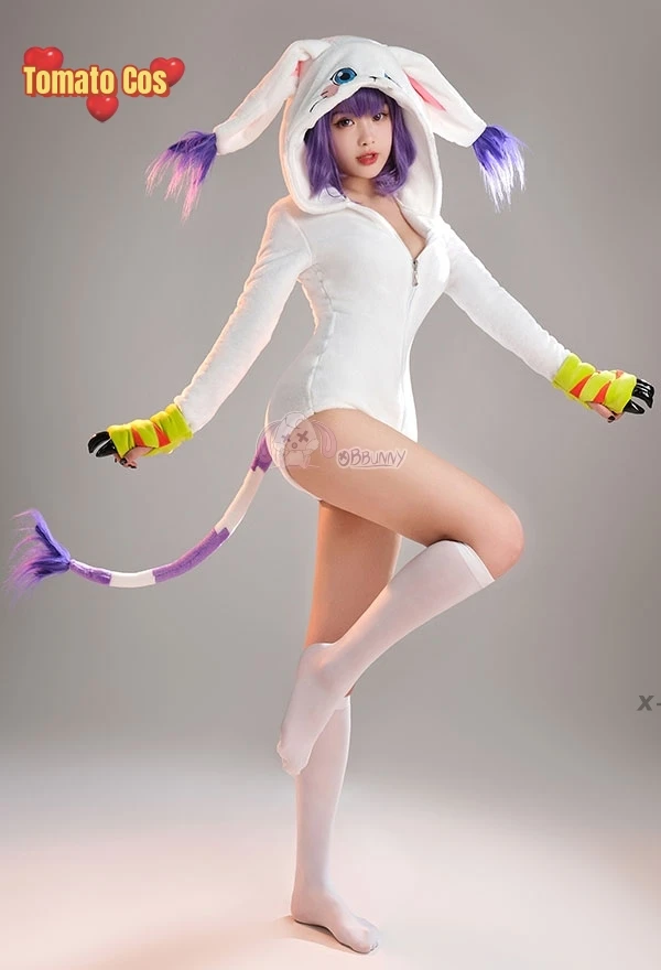 Anime Cosplay Gatomon Tailmon Neko Cosplay Costume Cute Halloween Sexy Romper Bodysuit Hooded Belt Tail Anime Doujin Suit