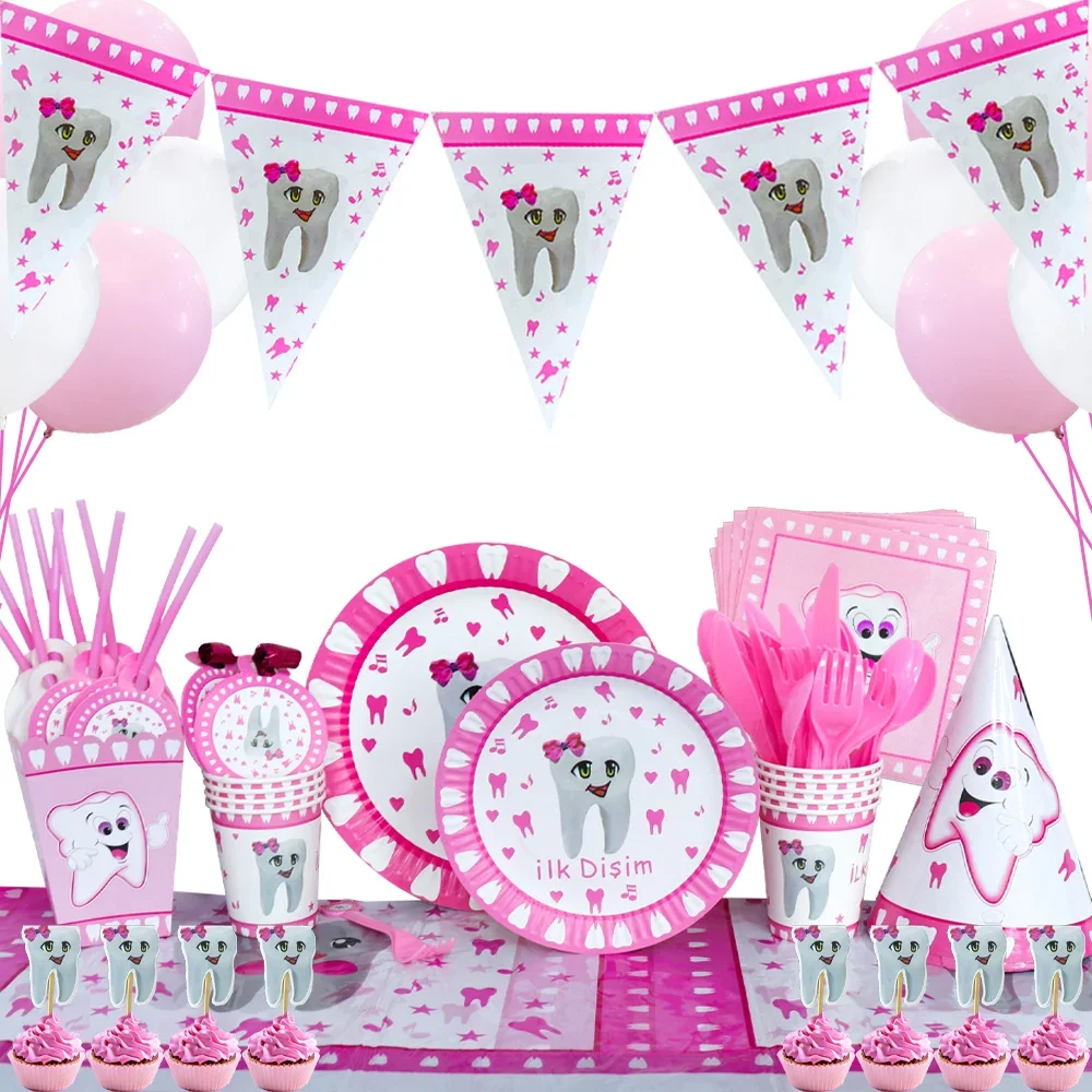 

Pink Teeth Disposable Tableware Paper Plates Cups Balloons Tablecloths Baby Shower Girl's Birthday Party Supplies