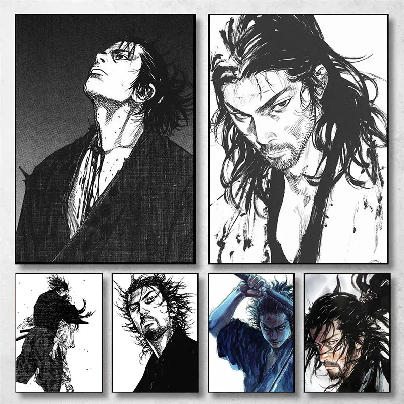 Samurai Black and White Miyamoto Musashi Retro Vagabond Inoue Takehiko Character Canvas Japanese Anime Manga Posters Home Decor