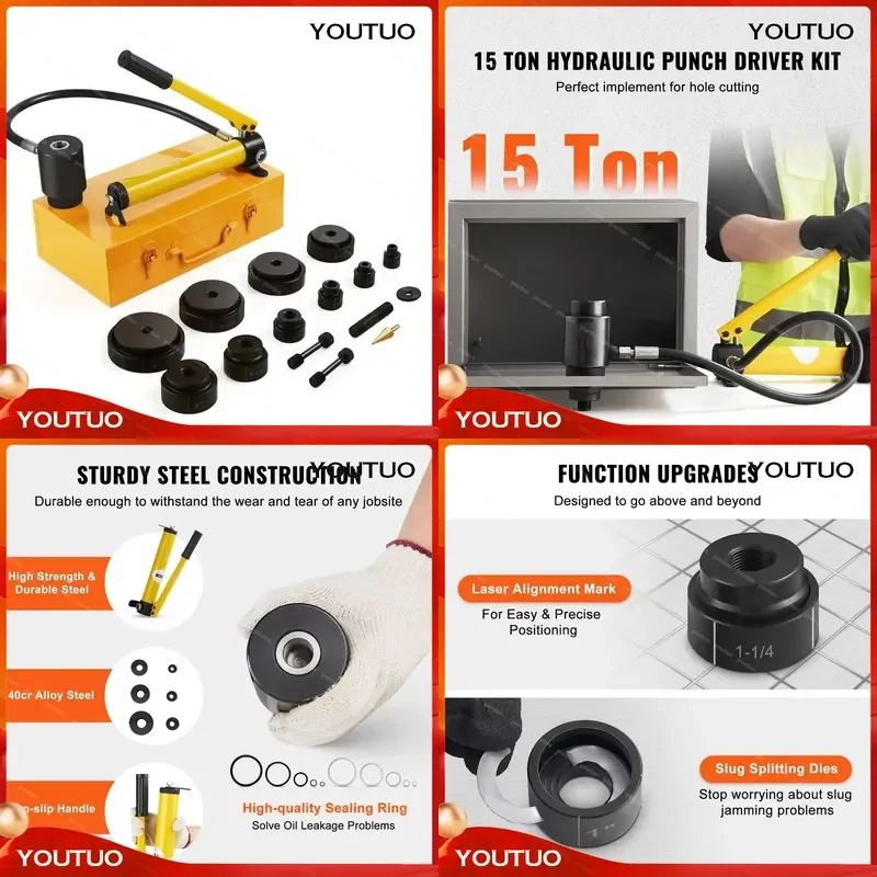 15Ton Hydraulic Knockout Punch Driver Kit 1/2-4 Inch 10 Dies Carbon Steel Sheet Metal Hole Opener Repair Tool Manual Hole