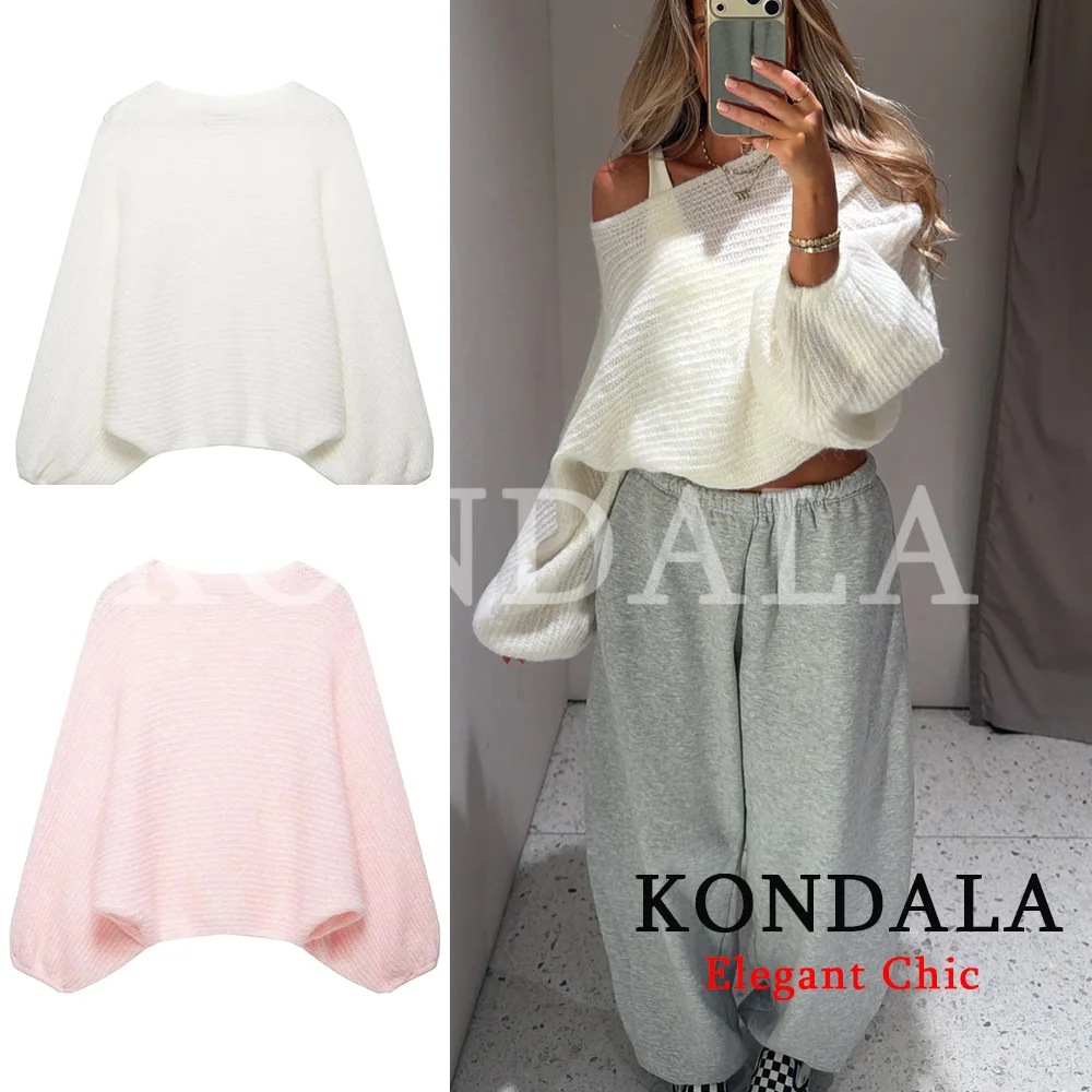 KONDALA Women Trendy Sweet Blouse O-Neck Pullover Knitted Sweater New Fashion 2026 Spring Fall Streetwear Date Loose Sweater
