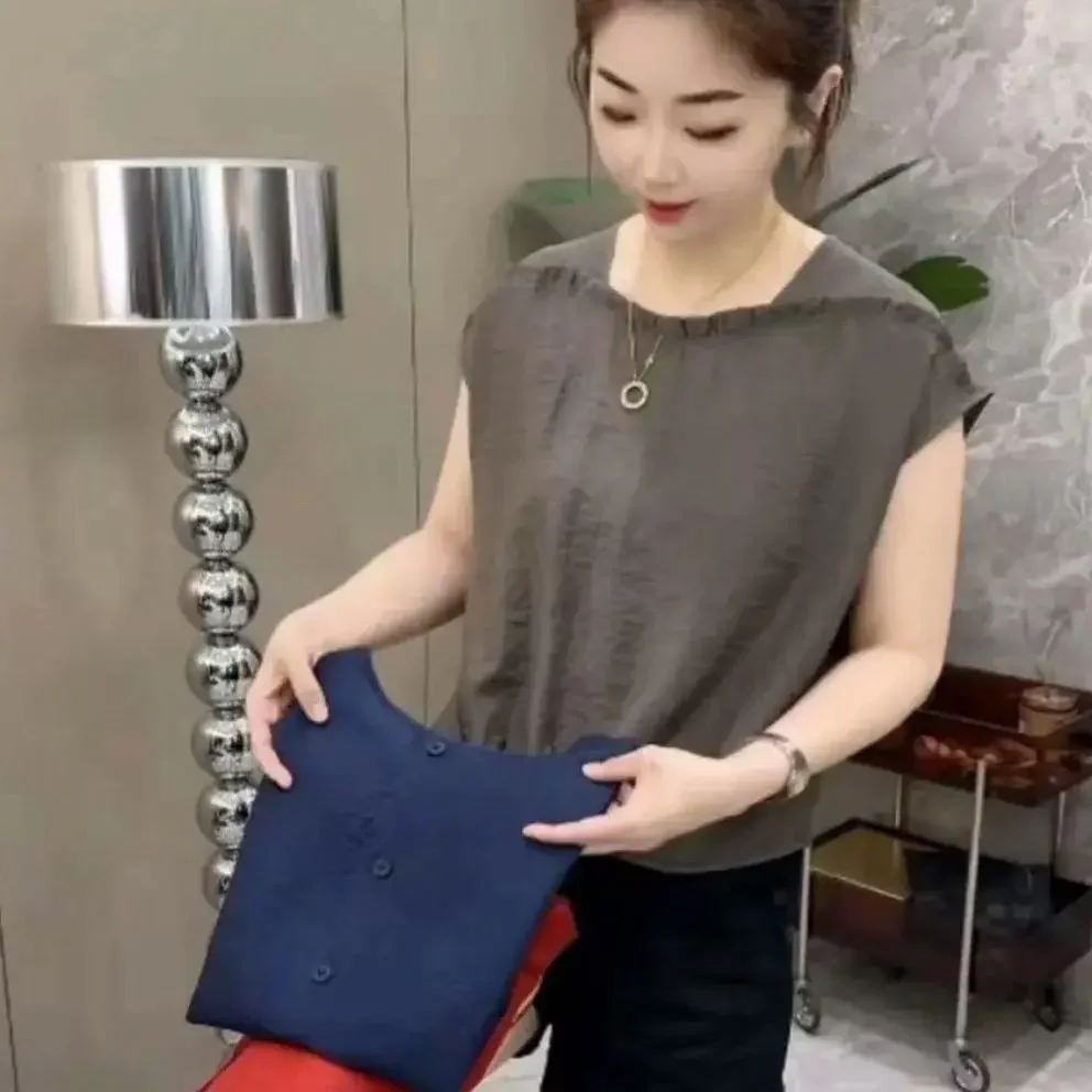 New Summer Post-slit Solid Color T-shirt for Women Fashion Loose Temperament Short Sleeves