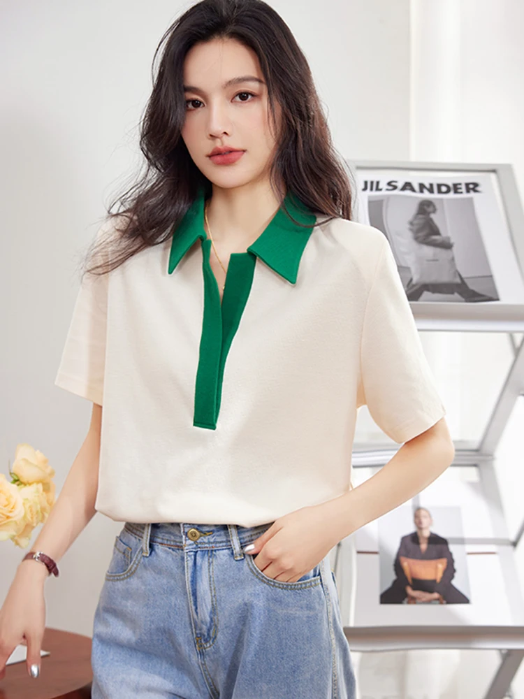 2024 Summer New Color Contrast Pullover Top Women Turn-down Collar Casual Short Sleeve T-shirt Lazy Style