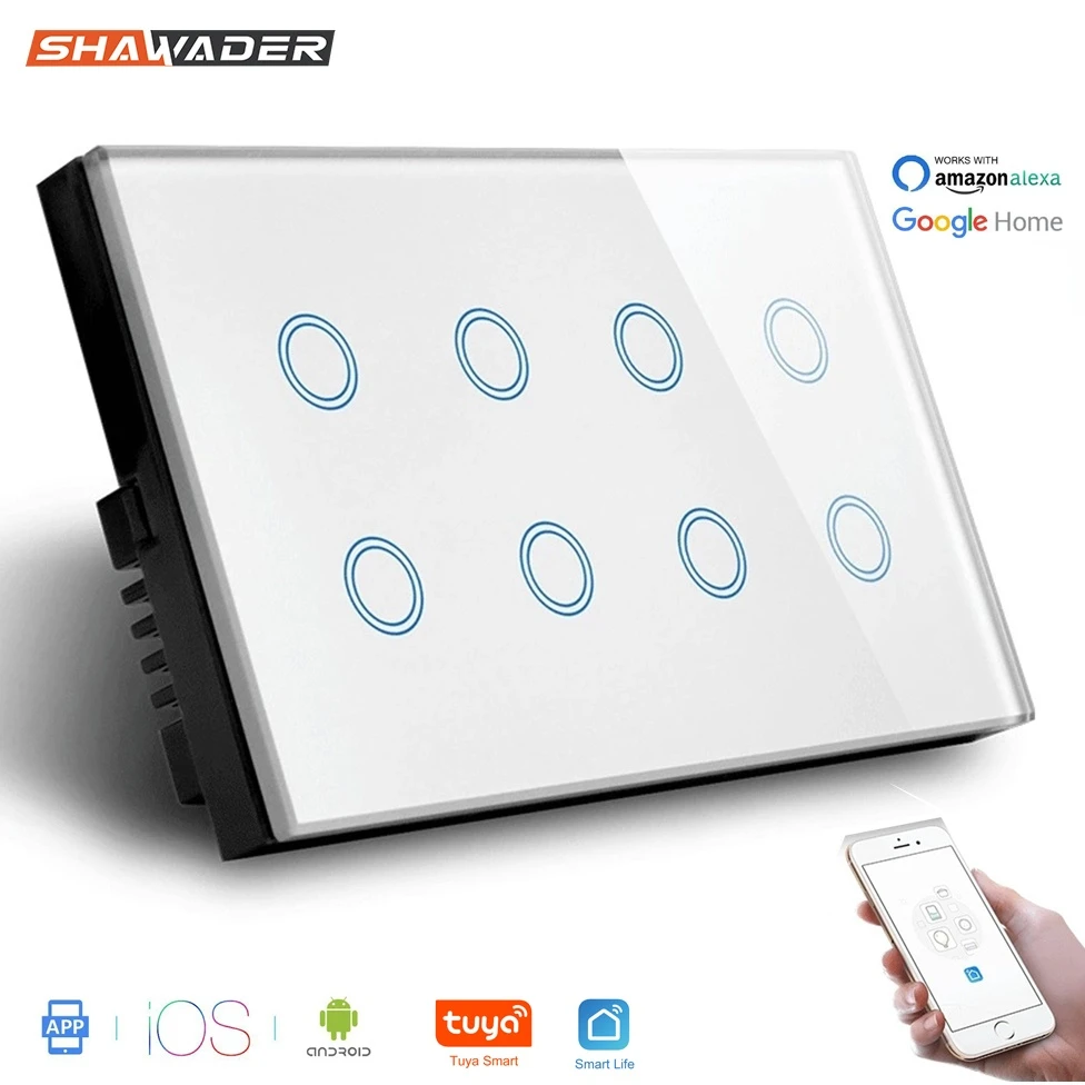 Wifi Smart Touch Light Wall Switch Interruptor Glass Panel 8 Gang 147*86mm Tuya App  SmartLife Compatible with Alexa Google Home