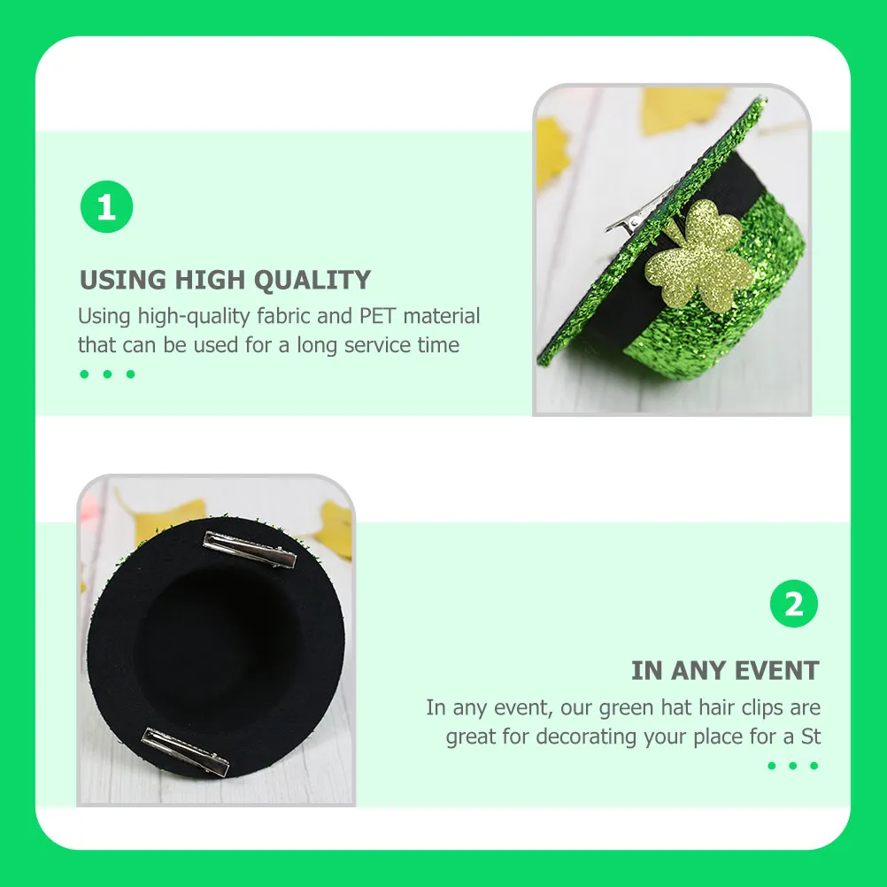 

2 шт. Заколки для волос ко Дню Святого Патрика, дизайн в виде цилиндра, зеленые, блестящие, праздничные, декоративные, в виде головного убора