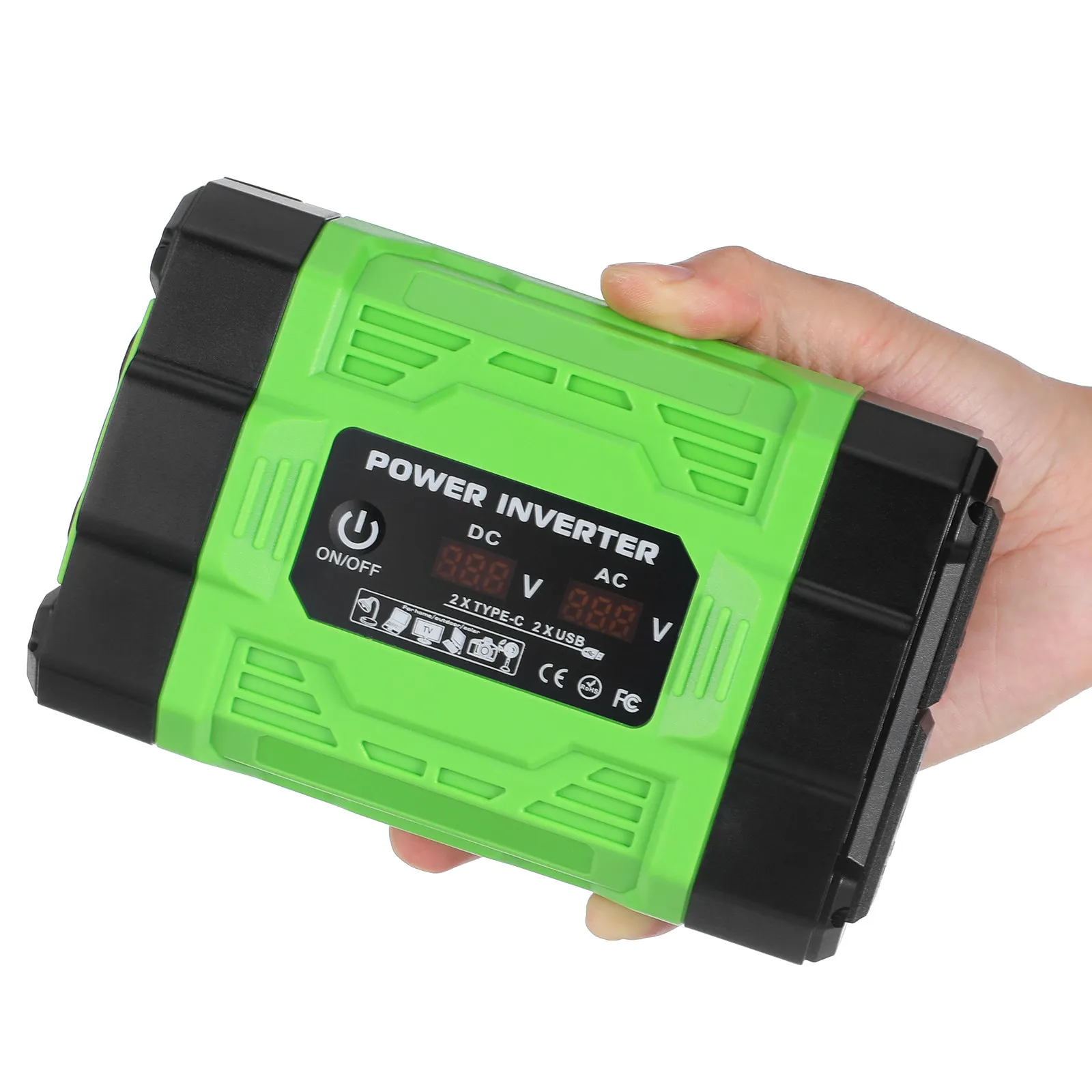 300W Vehicle Mounted Power Inverter 12V to 110V Ac Converter with Real-Time LCD Display Dual Outlets USB Type-C Comprehensive