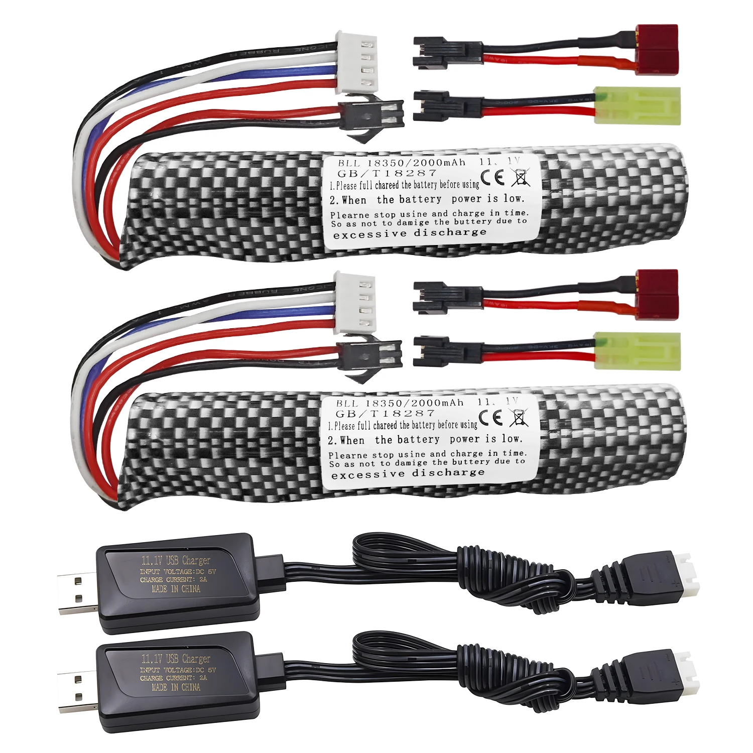 2PCS 3S 11.1V 2000mAh Li-ion Battery SM-2P Plug with USB Charger For Airsoft Gel Water Bead Blaster Rechargeable Batteries