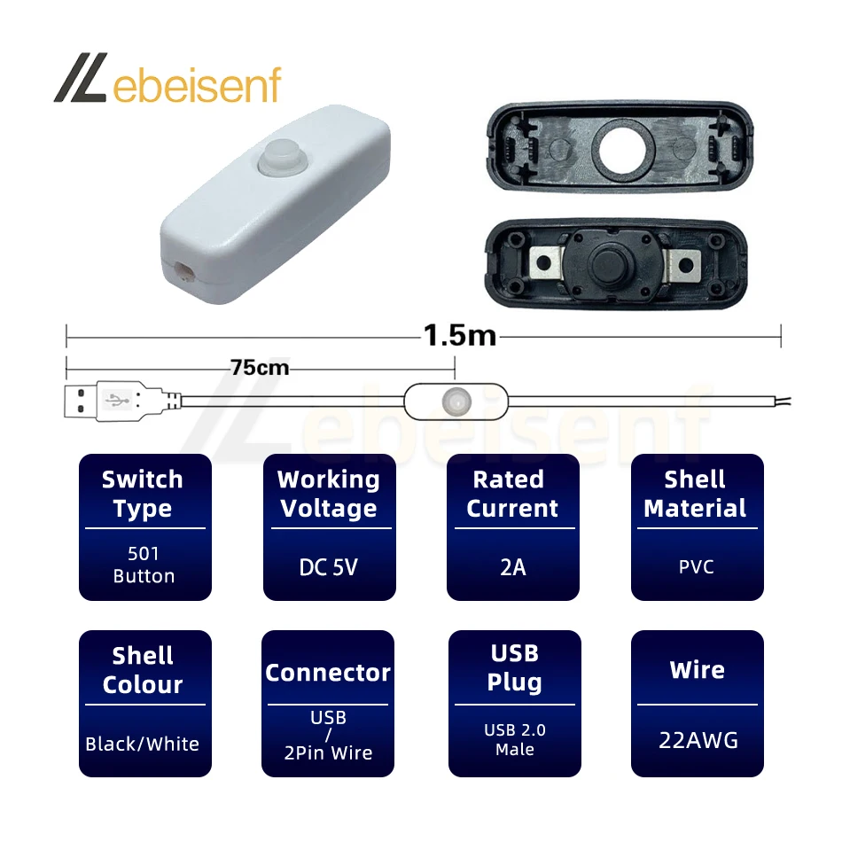 5/10Pc 5V przewód przełącz zasilanie 1.5M USB męski do 2 rdzeniowy przewód połączeniowy 501 przycisk z włączoną lampą LED żarówki DIY