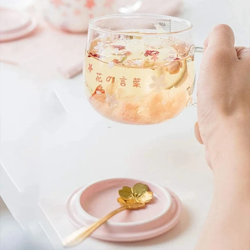 400Ml Creative Sakura Glass Coffee Mug Cute Transparent Heat-Resistant Water Cup With Handle Lid Spoon