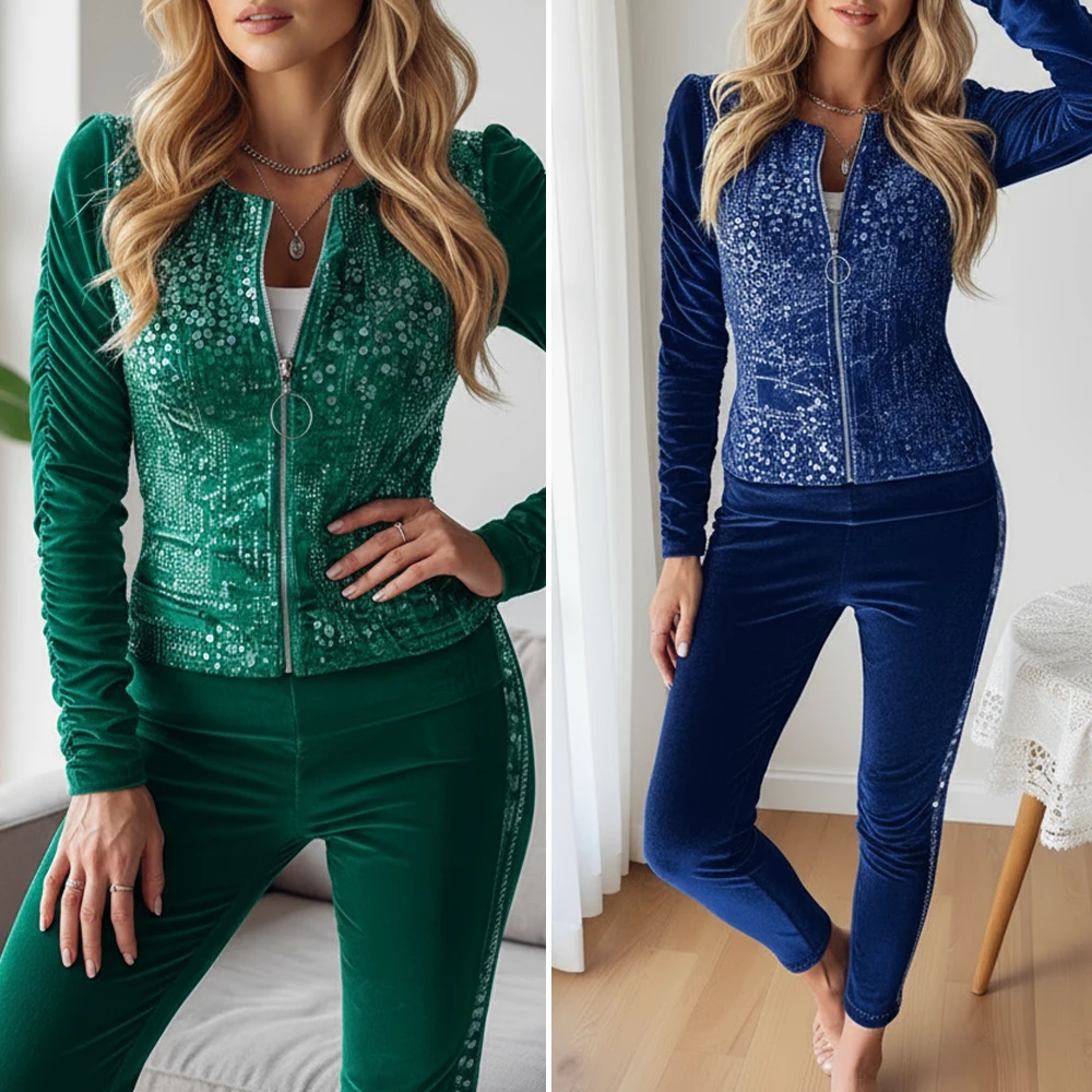 ชุดเซ็ตงานปาร์ตี้ฤดูใบไม้ร่วงสำหรับผู้หญิง ปี 2025 เสื้อแจ็คเก็ตประดับเลื่อม สไตล์ผู้ใหญ่ พร้อมกางเกงขายาว แขนยาว คอกลม ความยาวระดับข้อเท้า ชุดออกงานสุดหรู