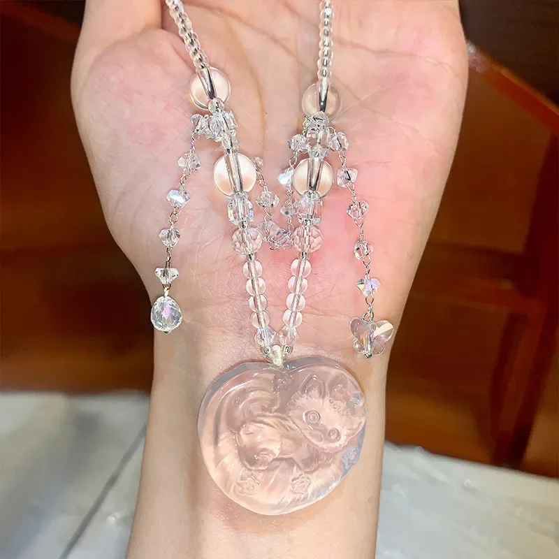 Crystal Necklace Powder Crystal Fox Pendant Collarbone Chain Girlfriend Valentine's Day Gift Pink Crystal Fox Neck Chain