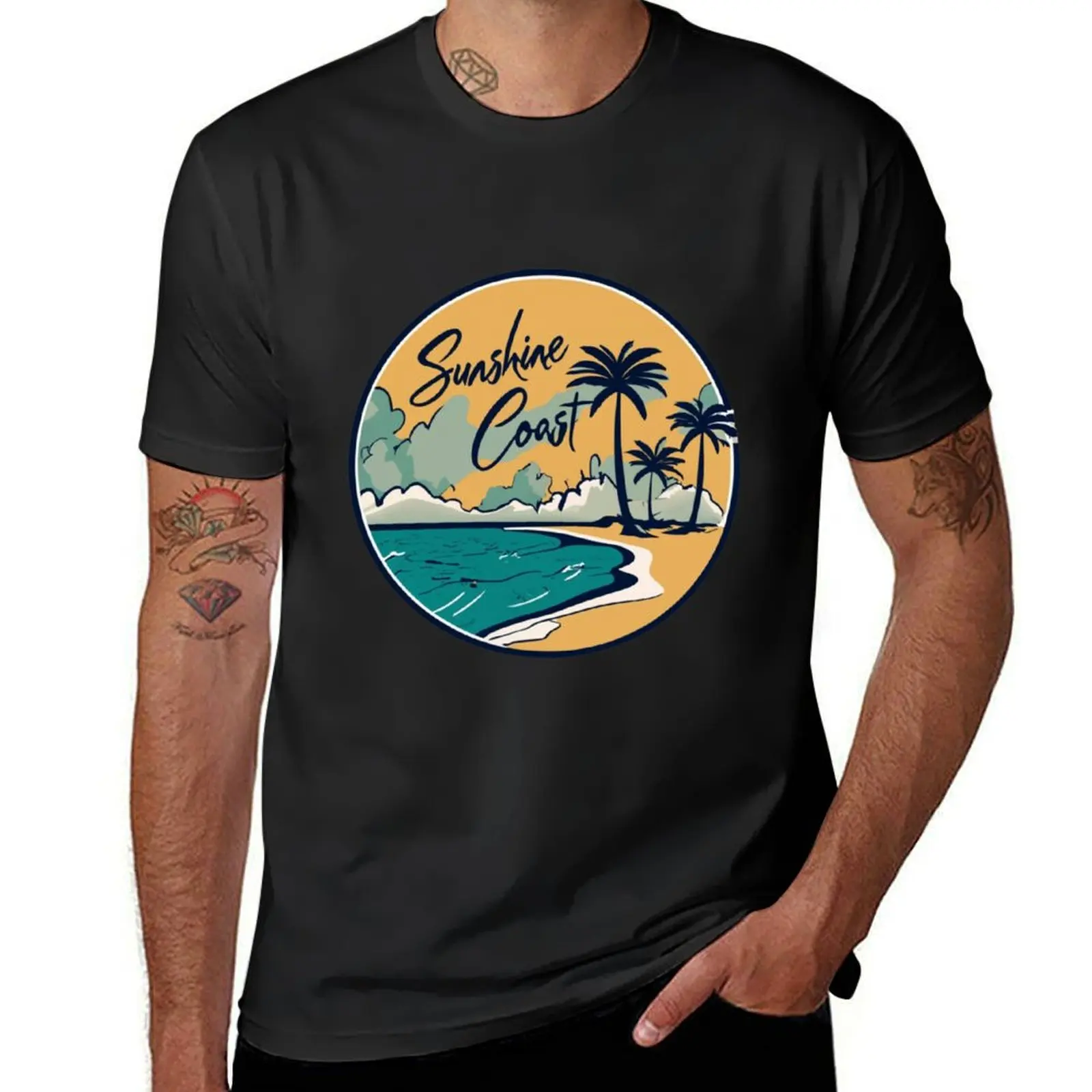 Sunshine Coast-seashore in dazzling sunlight graphic design T-Shirt tees summer top mens white t shirts