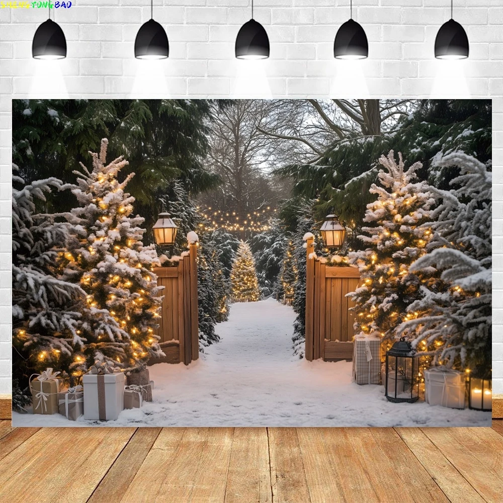 

Winter Snowy Forest Christmas Backdrop Photography Xmas Tree Pine Fence Shining Lights Kids Portrait Background Photo Props