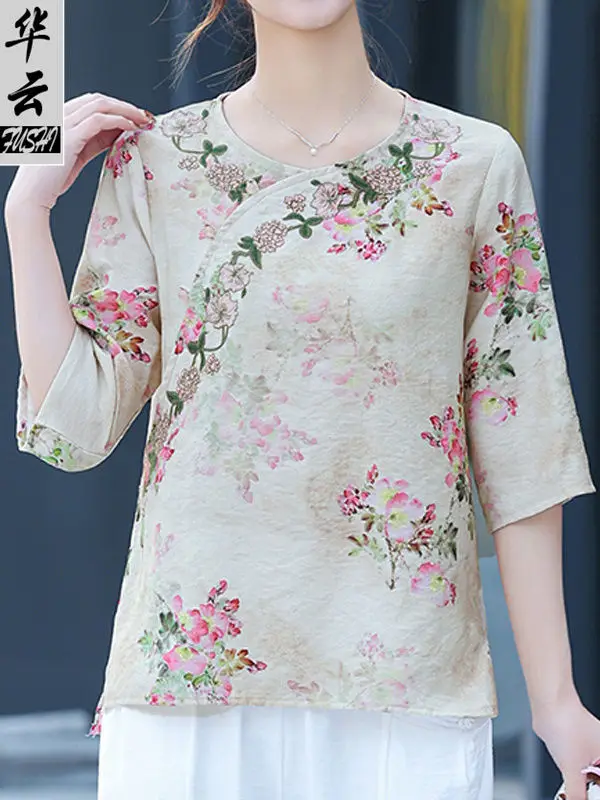 

Ретро диск с принтом на пуговицах, топ с наклонными лацканами и вышивкой, элегантная рубашка, свободный чехол, телесное лето, новый китайский стиль