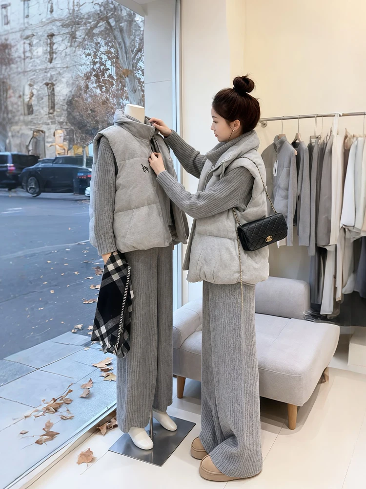 

Korean Style plus Size Winter Fashion Set with Jacket Knitted Top Casual Pants Three Piece Suit Warm Polyester Fabric High Waist
