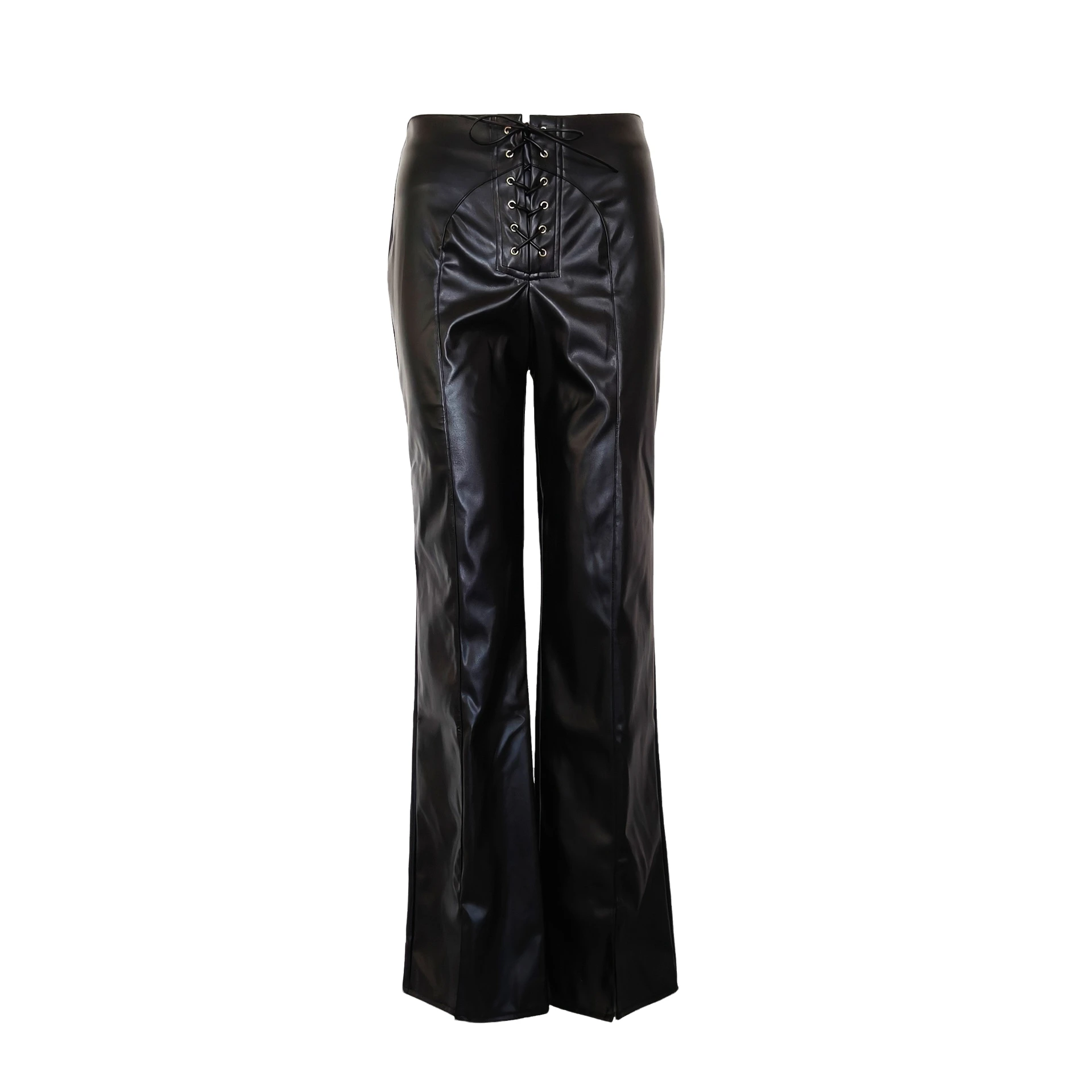 Fall 2024 Women's Casual Straight Leg PU Leather Pants Belted Low Waist Cross-Border Faion Ladies' Long Trousers