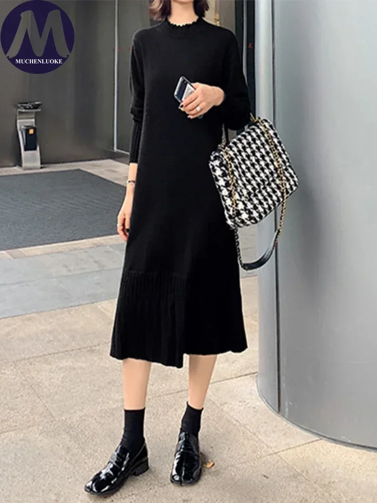 

Womens Dresses Autumn/Winter New Loose O Neck Knitted Mid Length Sweaters Dress Fashion Casual Appear Thin High Waisted Dresses