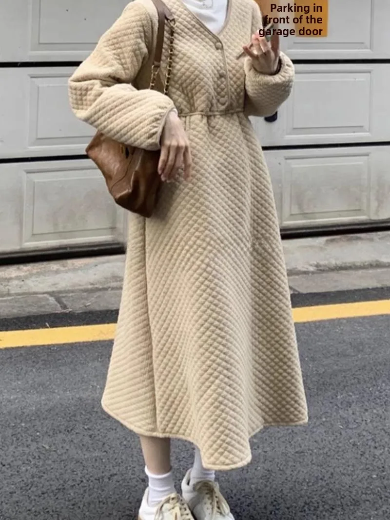 

ROUJE KEFSS Women's Thickened A-Line Dress with Waist-Cinching Design Cotton Jacket-Lined Long Dress for Autumn And Winter