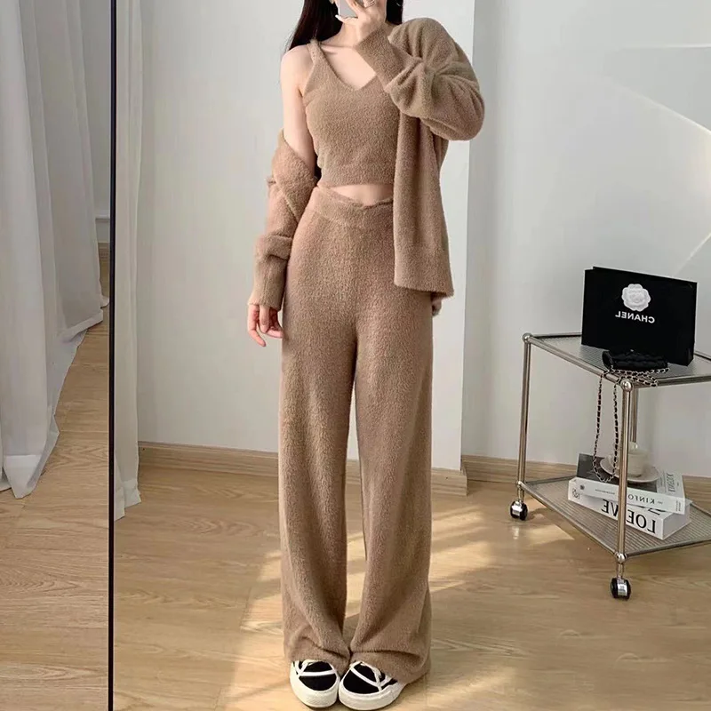 Advanced Imitation Mink Fur Cardigan, Camisole Casual Pants, Knitted Three Piece Set, Women's Autumn and Winter New Sweater