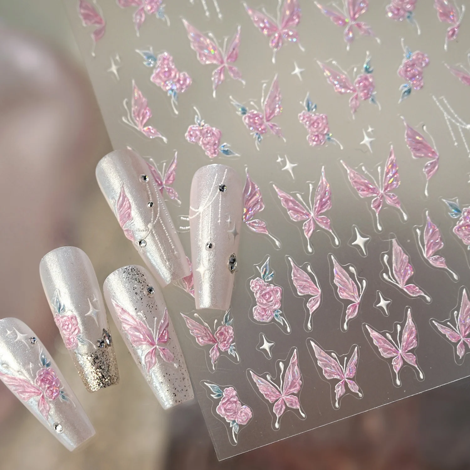 

5D Pink Butterfly Rose Fantasy Pink Laser Butterfly Pink Rose Green Leaves Silver Meteor Line Mini Silver Stars Nail Art Sticker