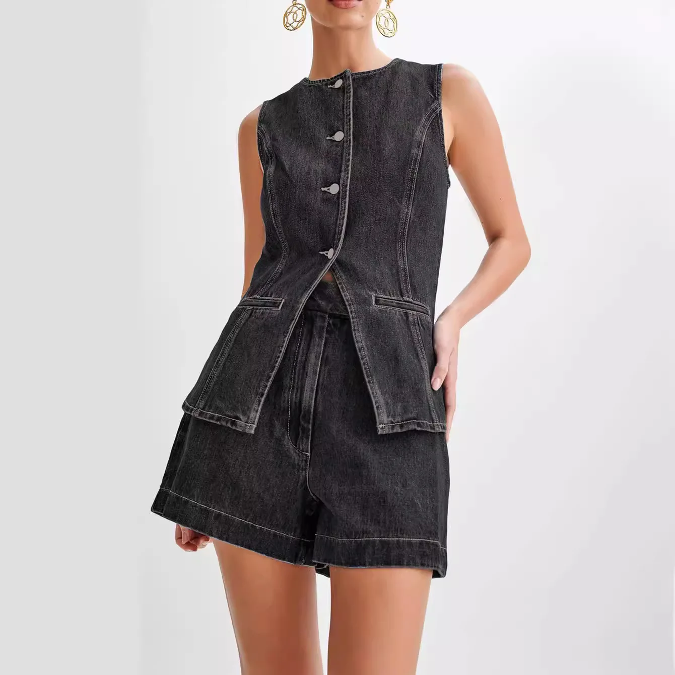 Mandylandy ฤดูร้อนแขนกุด 2 ชิ้นชุดผู้หญิง DENIM เดี่ยว O-คอเสื้อกางเกงขาสั้นกางเกงชุด Streetwear ชุดใหม่
