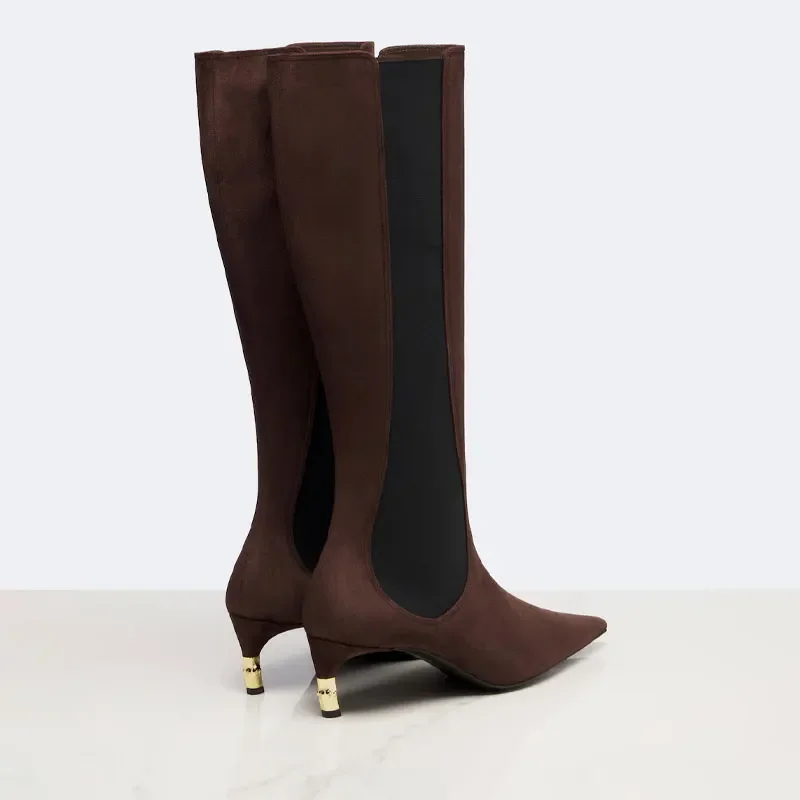2026 New Low Heel Knee High Boots with Pointed Kitten Heels and Elastic Fabric Autumn and Winter Fashionable Mid Length Boots