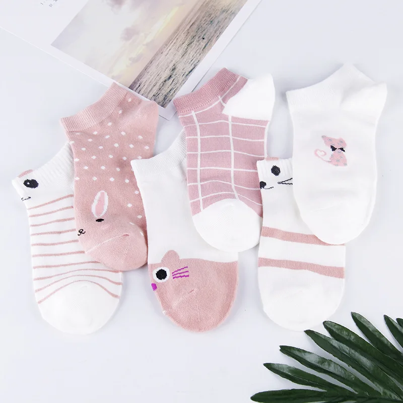 5 Pairs Women's Short Tube Socks Pink Cat Thin Four Seasons Cute Boat Sockslow Top Ins Trendy Socks image 2
