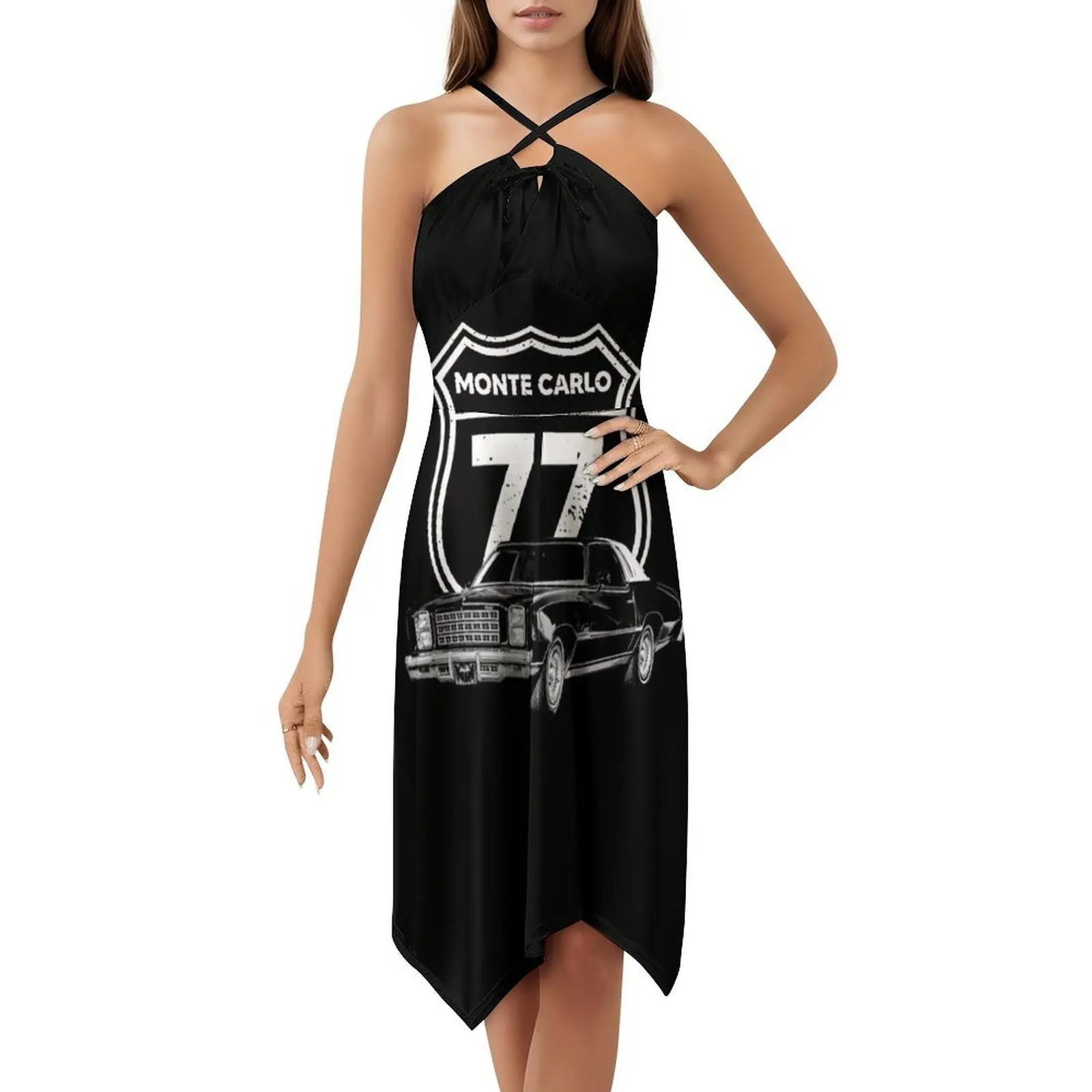 1977 مونت كارلو جبهة ثلاثة أرباع عرض مع نموذج الأزهار سموك فستان للنساء الربيع الصيف فستان كاجوال للحزب 1977