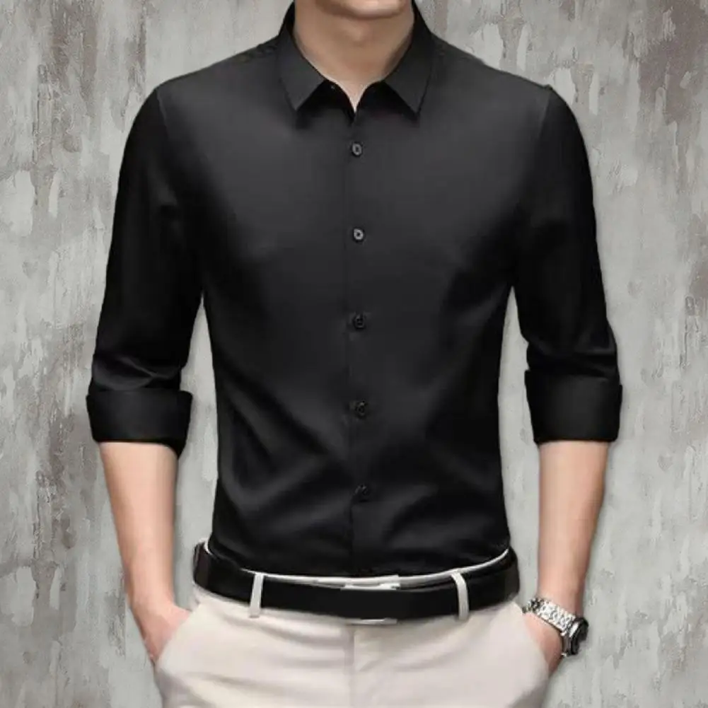 Spring and Summer Long-sleeved Men\'s Shirt Thin Business Dress Ice Silk Wrinkle Resistant Non-ironing Solid Color Collar