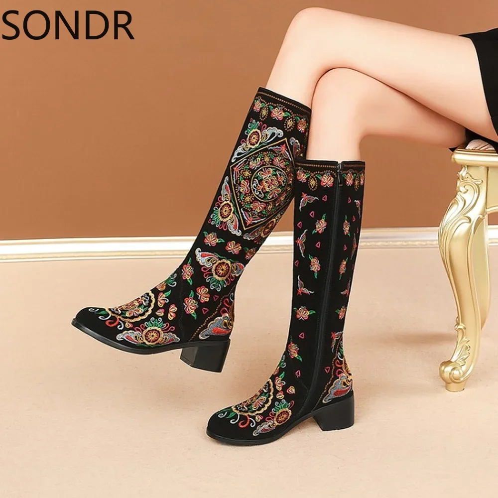 

Womens Pointed Toe Embroidery Knee Thigh Boots Block Heel Chelsea Western Shoes Genuine Leather Plus SizeNew 2023