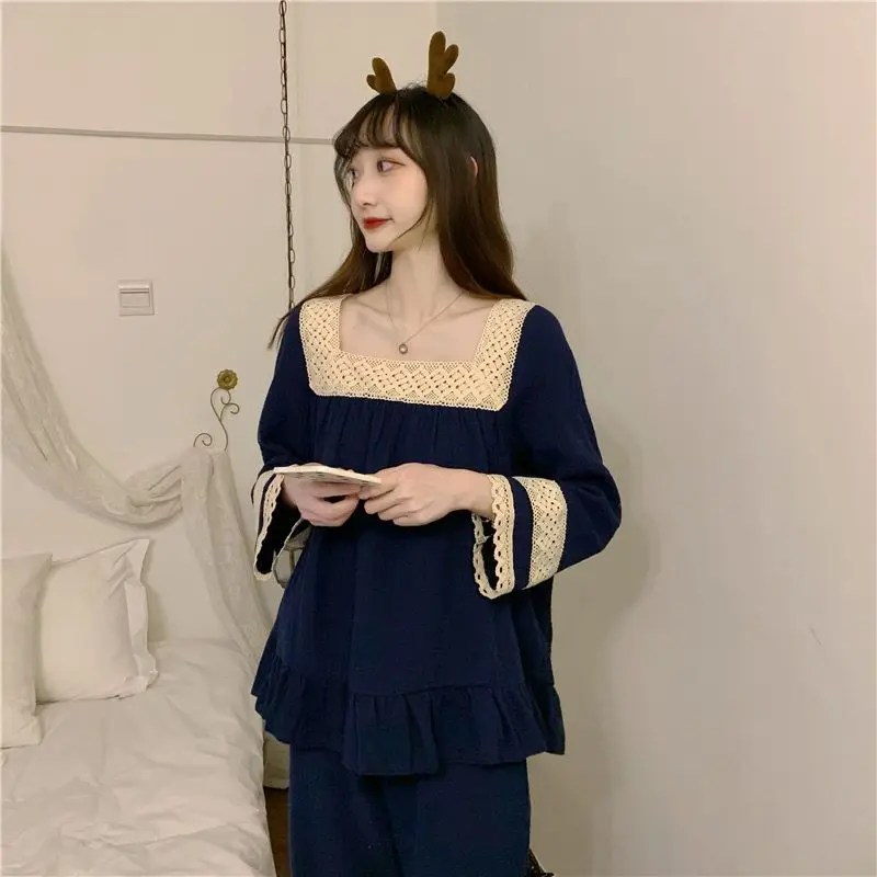 Kawaii Clothes Woman Sleepwear Long Sleeve Square Neck Pajama Sets Loungewear Sets Vintage French Princess Pant Korean Nightwear