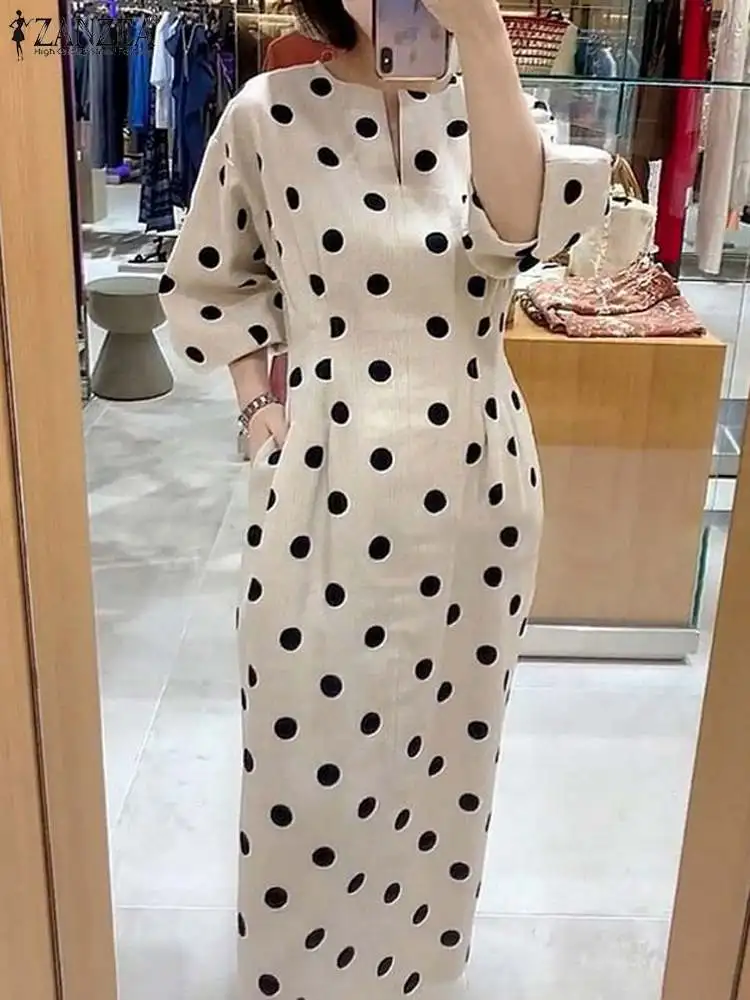 ZANZEA Elegancka damska sukienka w kropki z nadrukiem 2024 Summer Slim 3/4 Sleeve Vestidos Fashion V-Neck Party Midi Robe Office Pocket Dresses