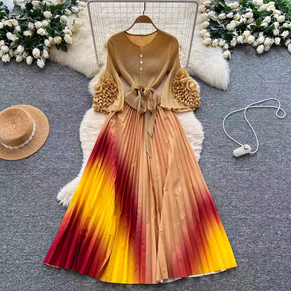 

Ele Long Skirt with Belted Waist And Bell Sves in adient Color Pleated Midi Dr Faionable And Sli